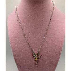 Disney Tinker Bell Silver Tone Rhinestone Enamel Necklace Jewelry